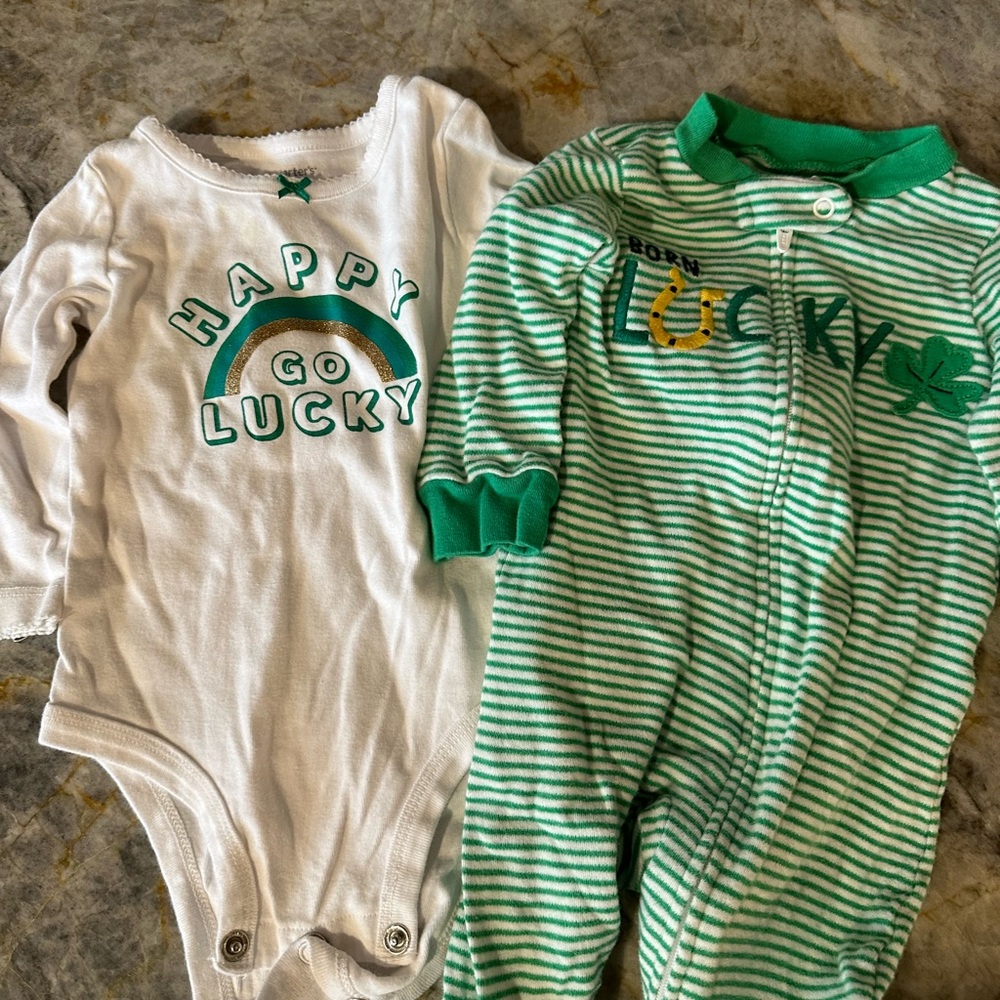 Carter’s St. Patrick’s Day onesie and Footie pajamas. Size 6 months & 9 months